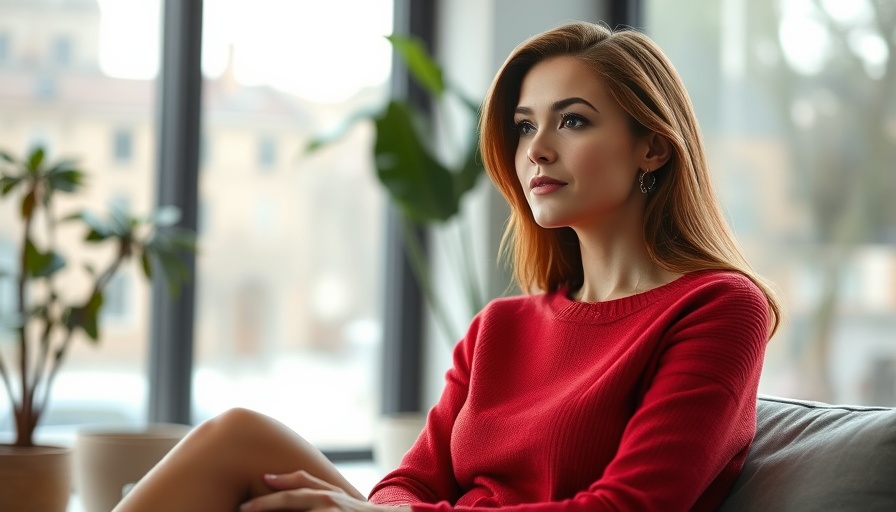 Thoughtful woman in red sweater in a relaxed pose near window.