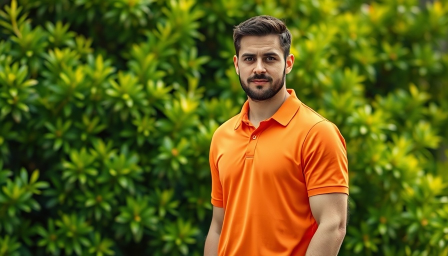 Man in orange LandCare shirt in California greenery.
