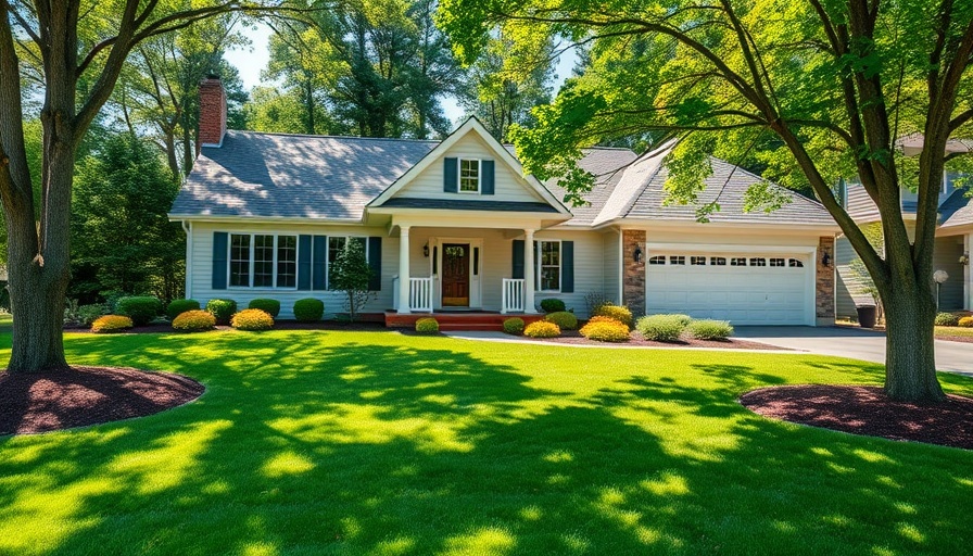 Charming suburban house with manicured lawn and mulched garden beds.