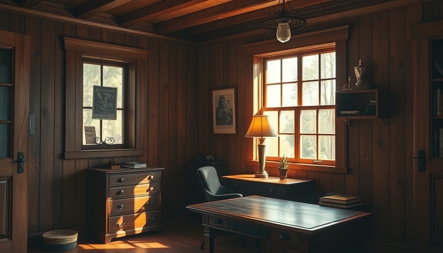 Warm wood home office with ethereal lighting features desk and lamp.