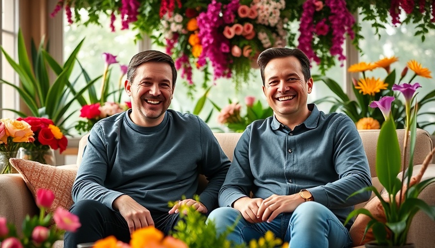 Two men on TV set with colorful flowers, Property Brothers Cowboy Era.