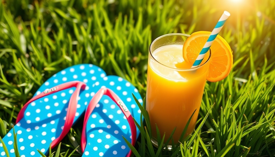 Blue polka dot flip flops with free smoothie on grass for National Flip Flop Day.
