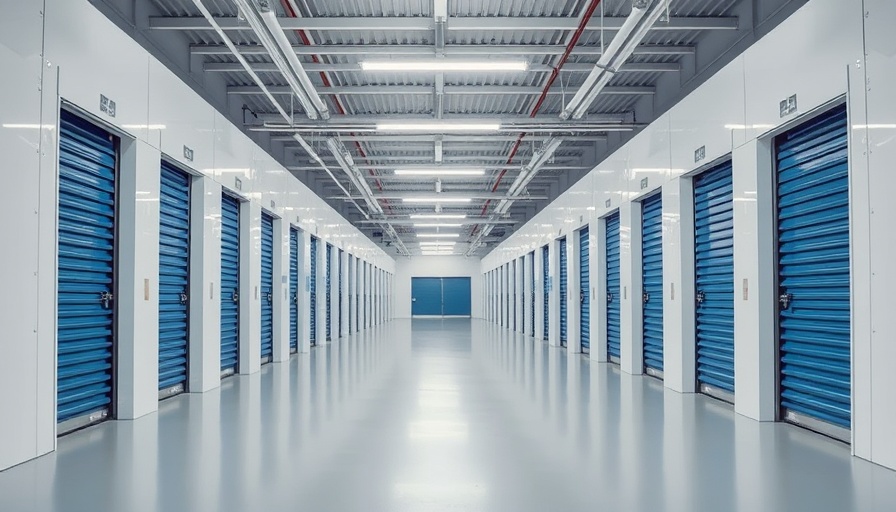 Self storage facility interior, brightly lit, organized aisles.