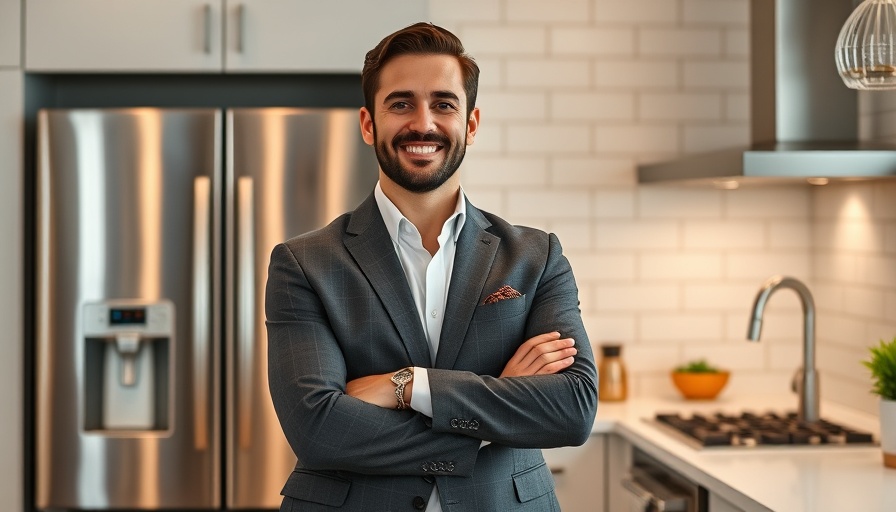 Stylishly dressed man in modern kitchen setting.