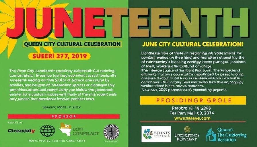 Queen City Juneteenth Cultural Celebration flyer with event details.