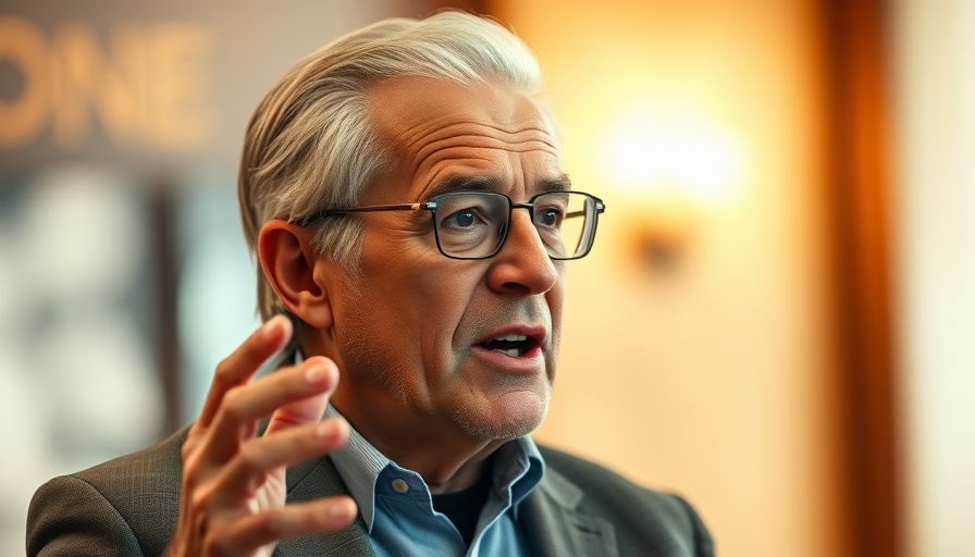 Confident older man speaking energetically in a global finance setting.