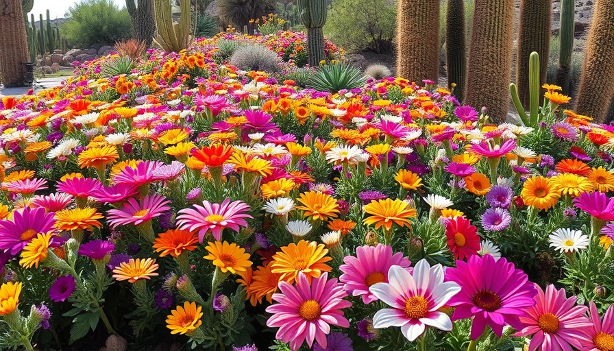 Arizona spring garden with blooming plants and flowers