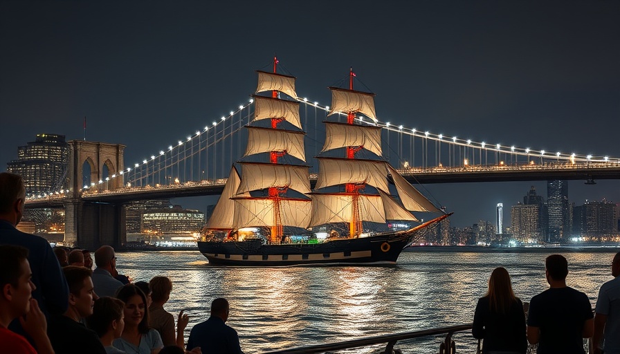 Tall ship near Brooklyn Bridge at night with spectators.