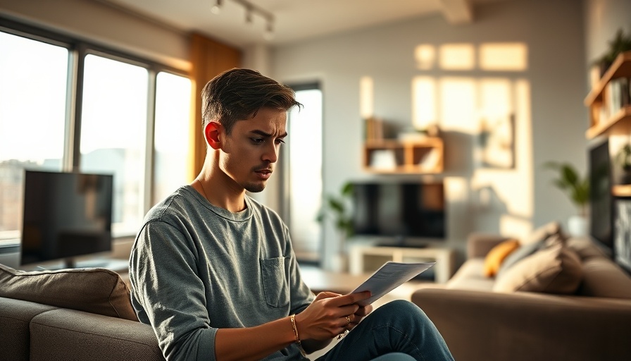 Modern living room with young adult reviewing apartment utilities costs.