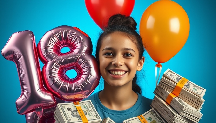 Teen girl with 18 balloons and money, symbolizing financial growth.