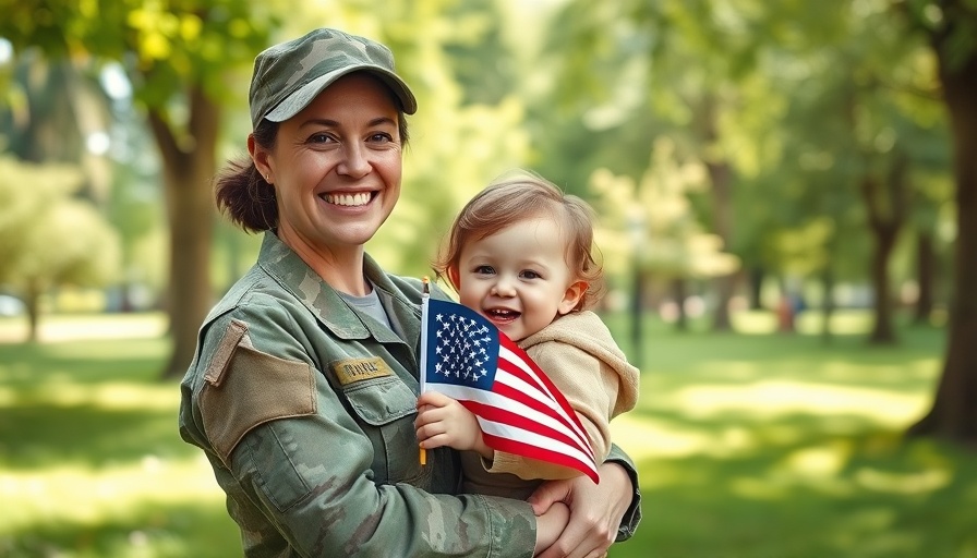 Military member in uniform with child and American flag, free admission for military members