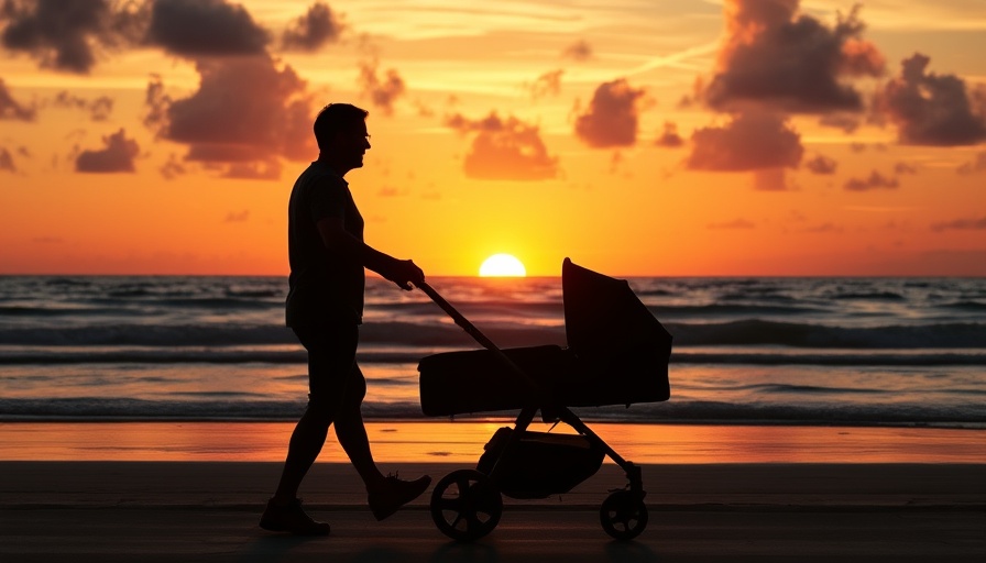 Silhouette of adult with stroller at sunset by the ocean.