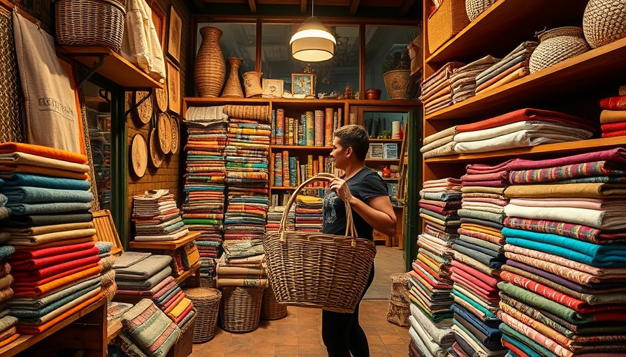 Portuguese artisanal craft store displaying colorful textiles.