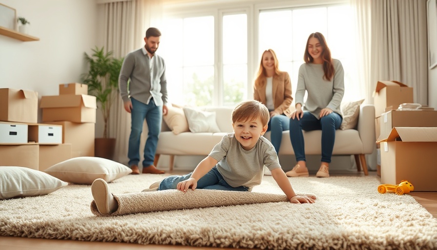 Family unpacking in new home, promoting to buy a home in the school district.