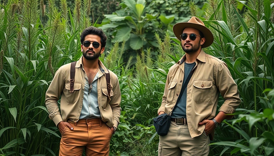 Men in utilitarian chic clothing standing in lush garden