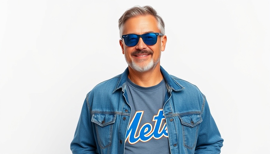 Confident man in denim jacket and Mets shirt at Bark at the Park Citi Field.