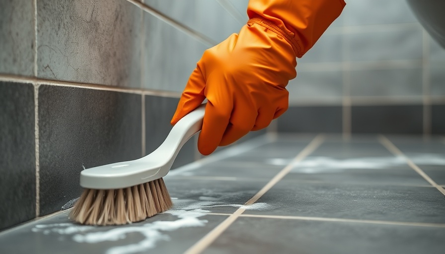Close-up of cleaning grout on a tiled floor with a brush.