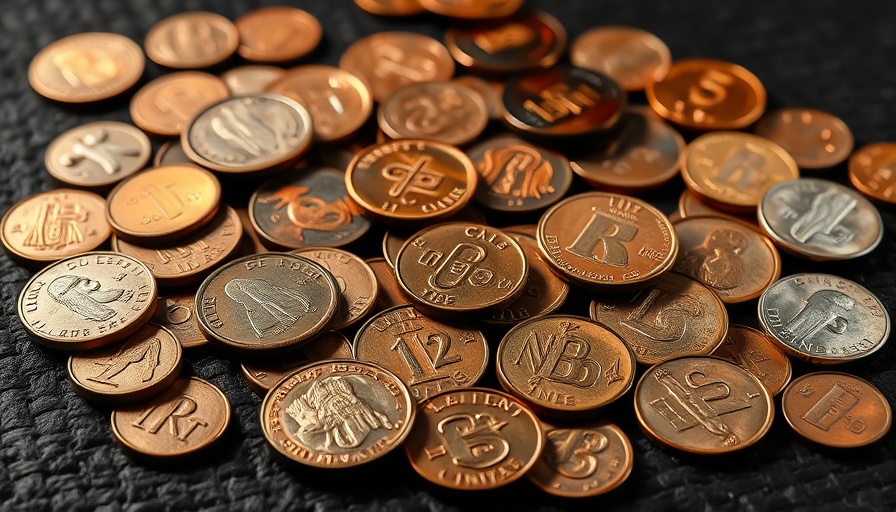 Assorted pennies from different countries on textured dark background.