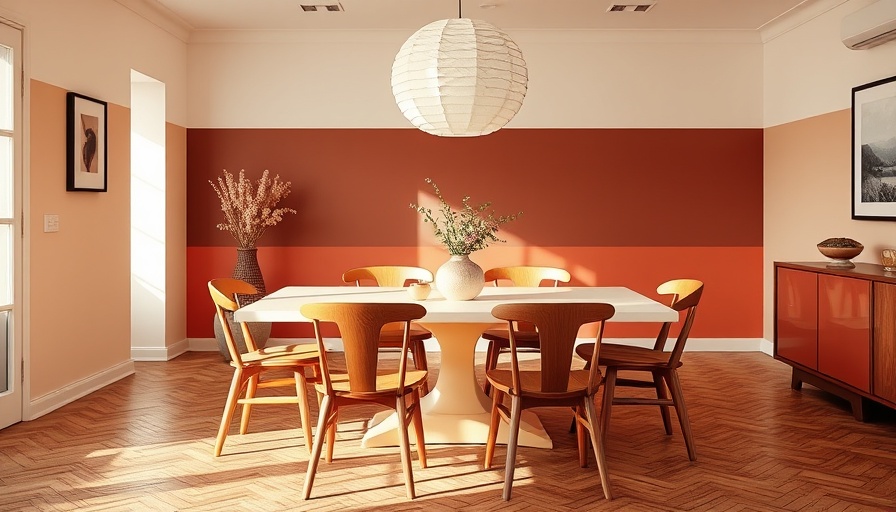 Color-blocked dining table with chairs in a minimalist room, warm lighting.