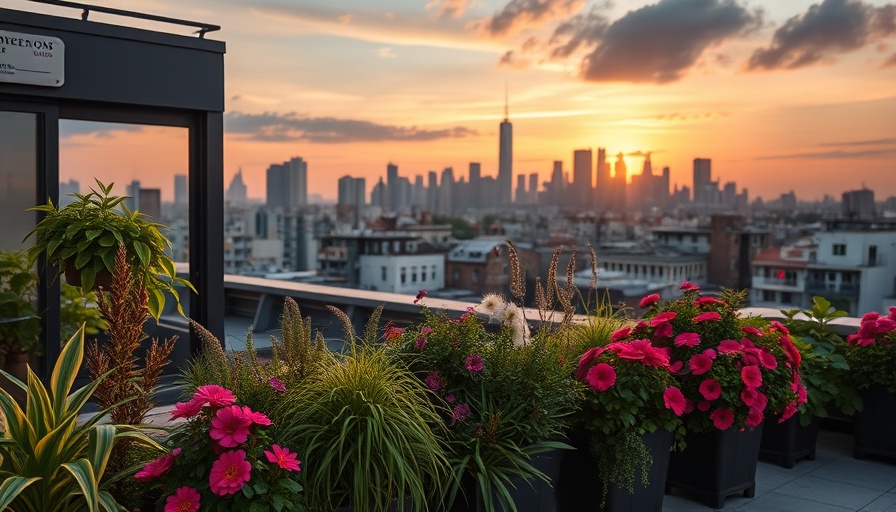 Lush rooftop garden overlooking city skyline at sunset for outdoor inspiration.