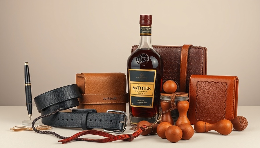 Luxury Father's Day gifts including pen, belt, cognac, and boules.