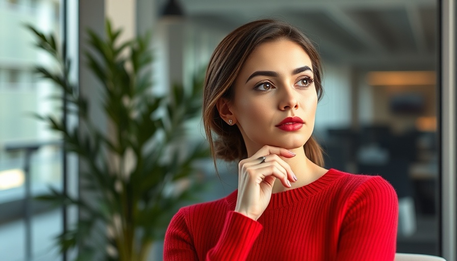 Magazine cover of woman in red sweater, modern setting.