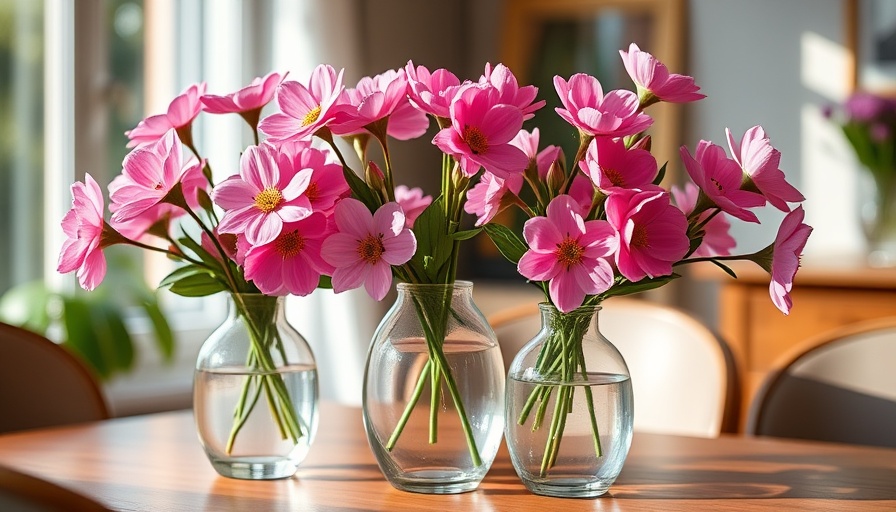 Beautiful vases for fresh flowers on a wooden table with pink blooms.
