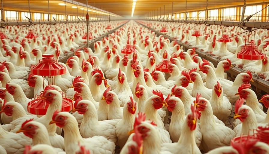 Dense group of chickens in a crowded poultry farm setting.