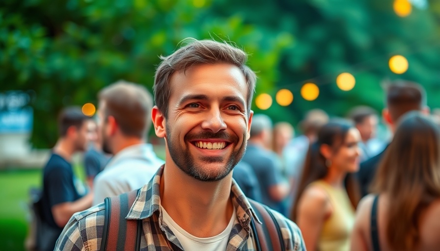 Casually dressed man smiling at outdoor event, lush background