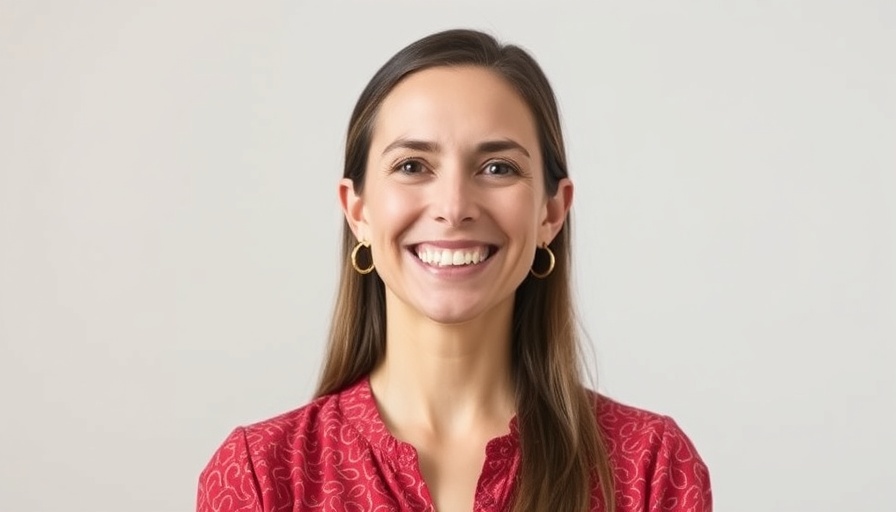 Smiling woman with dark hair in a red patterned blouse, innovative clothing recycling.