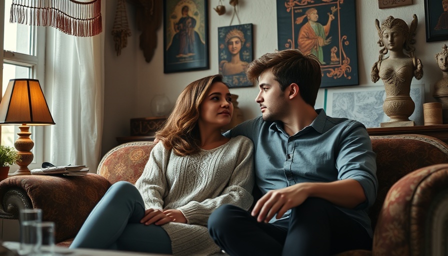 Young couple on couch sharing a moment in vintage setting.
