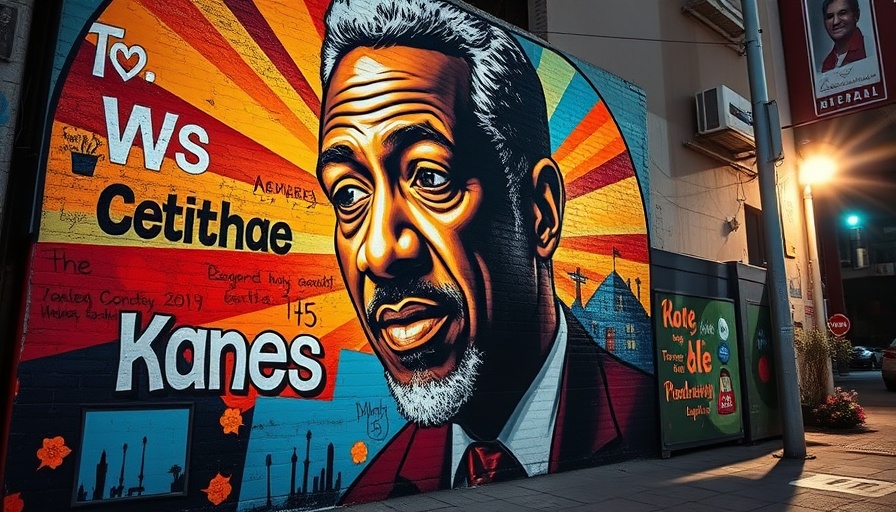Mural of George Floyd with name, commemorating his legacy.