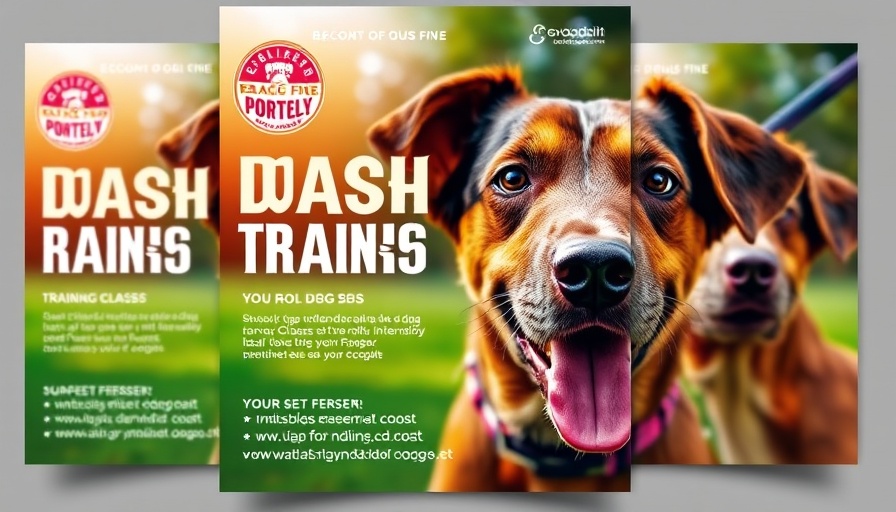 Flyer for free dog training classes in Charlotte with training info and images.