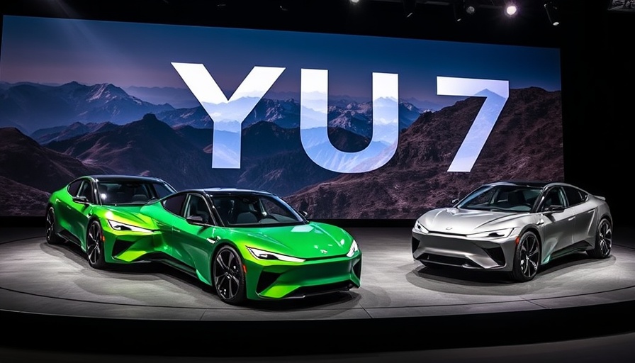 Xiaomi YU7 electric cars presentation with mountainous backdrop.