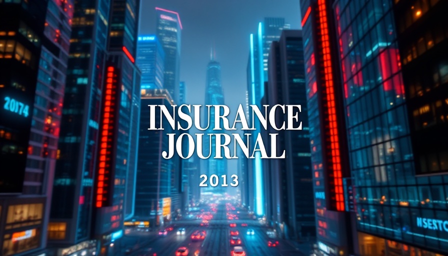 Futuristic cityscape with Insurance Journal logo, tech-driven.