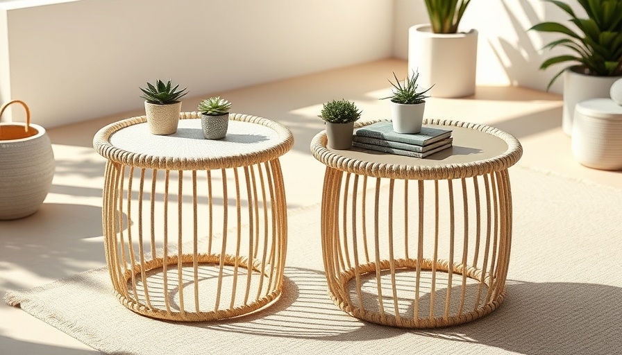 Modern outdoor side tables on a patio.