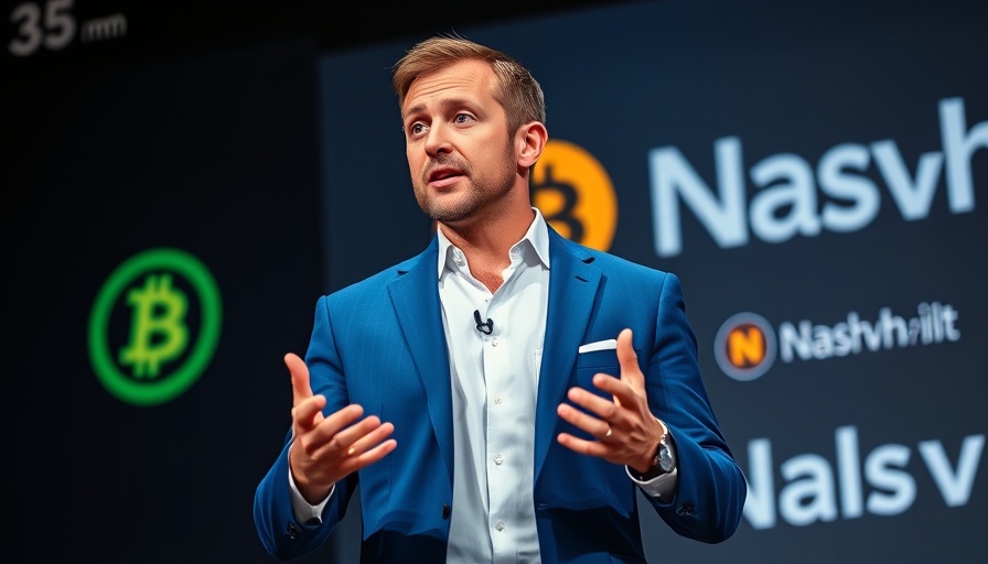 Man at cryptocurrency event discussing investment in Trump media group.