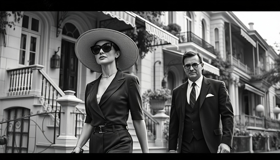 Vintage scene of stylish duo in front of elegant townhouse, black and white.