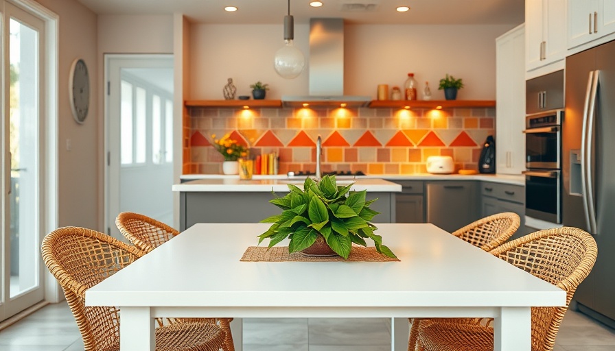 Stylish kitchen interior with elegant greenery and vibrant tiles.