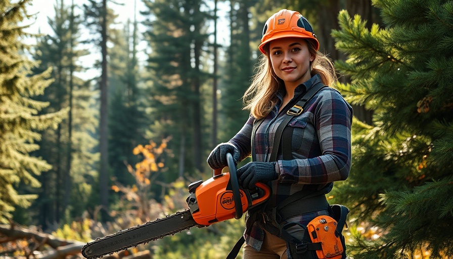 Young arborist holding chainsaw in forest, STIHL Made for America ad campaign