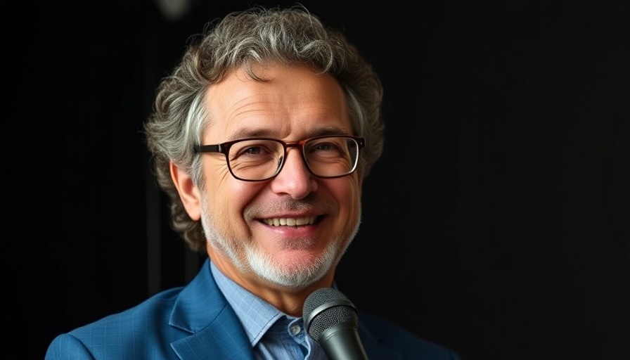 Middle-aged man in a blue suit with curly hair and glasses, smiling.