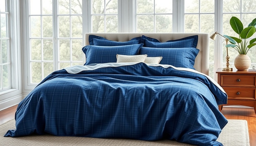 Cowboy Carter Denim Decor featuring cozy navy blue bedding in a bright bedroom.
