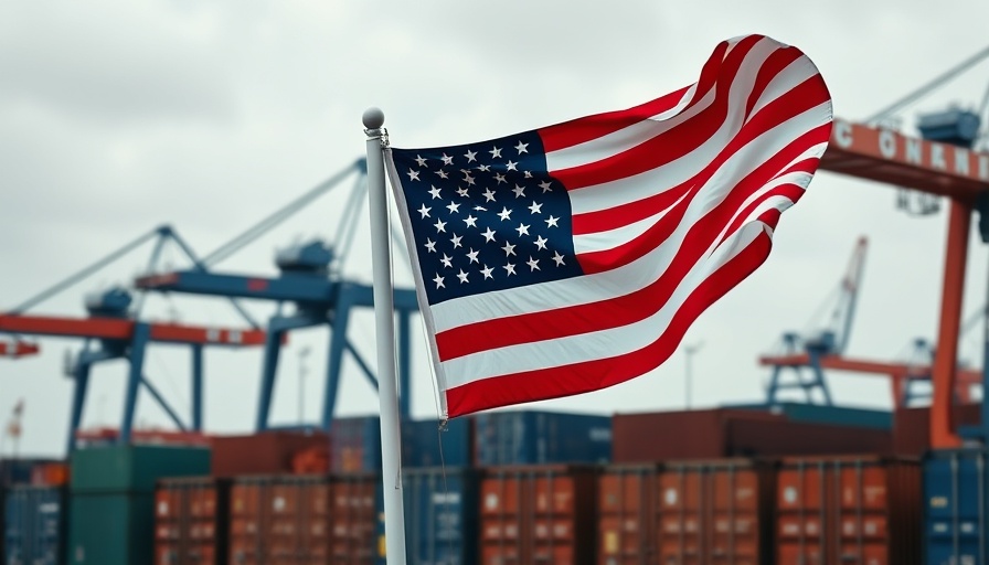 US trade court tariffs ruling: American flag in port with cargo.