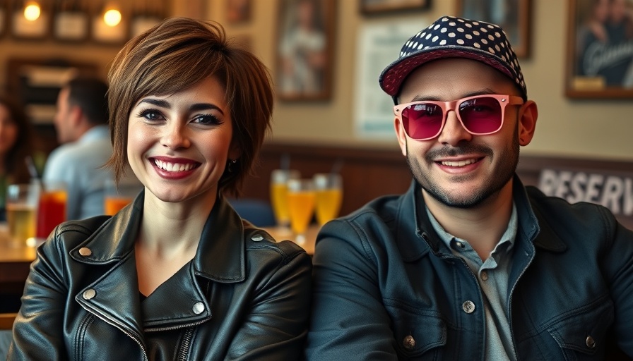 Smiling couple seated indoors casually dressed, relaxed atmosphere.