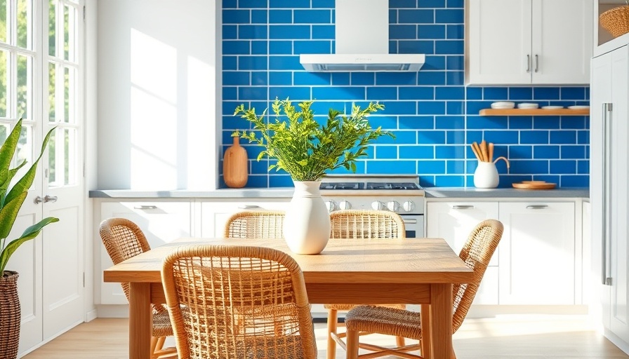 Modern kitchen with vibrant blue backsplash and natural decor featuring trending paint palettes Sherwin-Williams