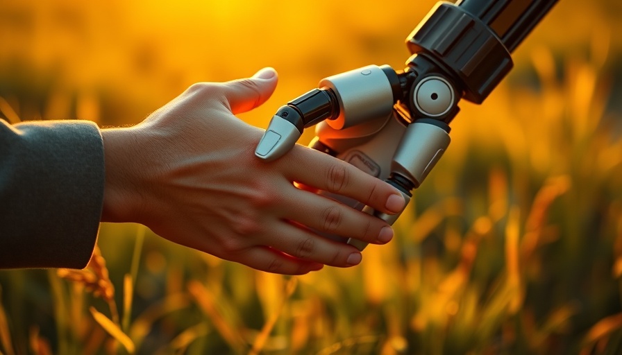 Tech revolution in landscaping: Human and robotic hands shaking at sunset.