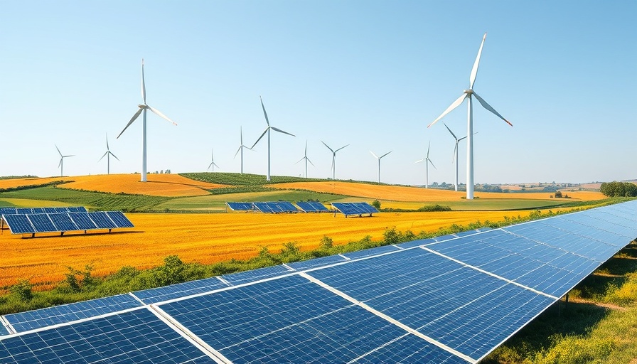 Vibrant scene of solar panels and wind turbines illustrating global energy investments.