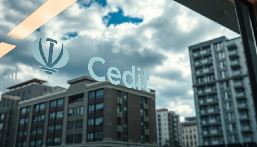 Global finance logos on a bank window reflecting city architecture.