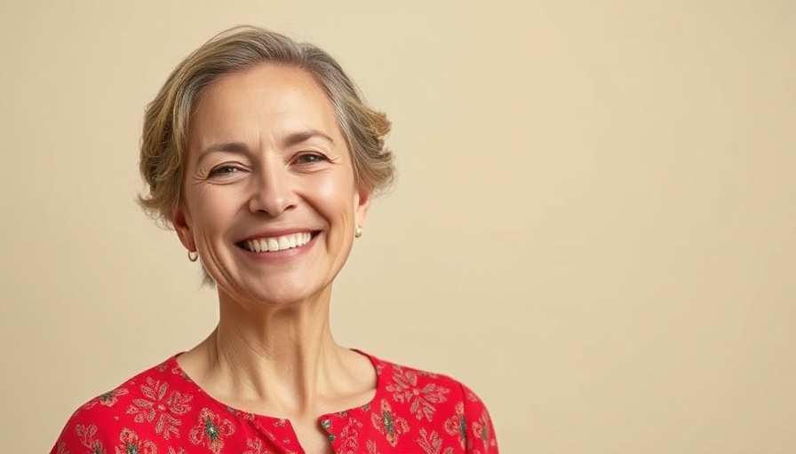 Smiling woman in red blouse with neutral backdrop.