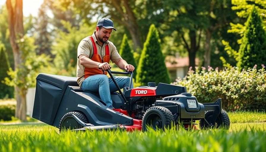 DJ's Landscape Management worker operating mower in lush garden.